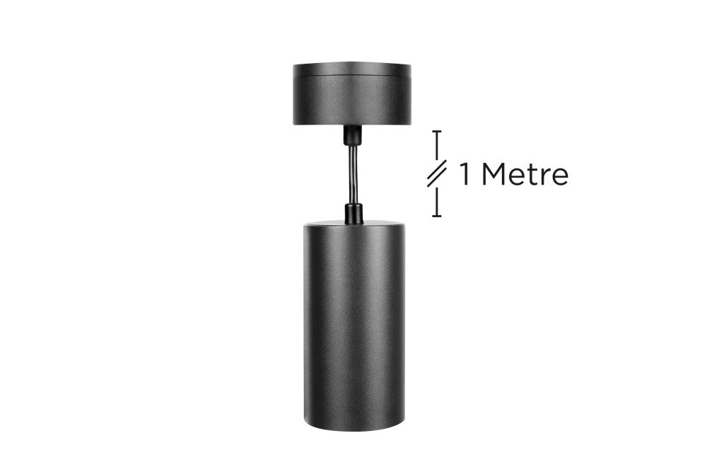 ACCENTPLUS SPOTLIGHT S2 65MM DIAMETER 130MM LENGTH GU10 LED BASE SURFACE MOUNTED SUSPENDED PENDANT 1M CABLE BLACK FINISH - ILNEV016