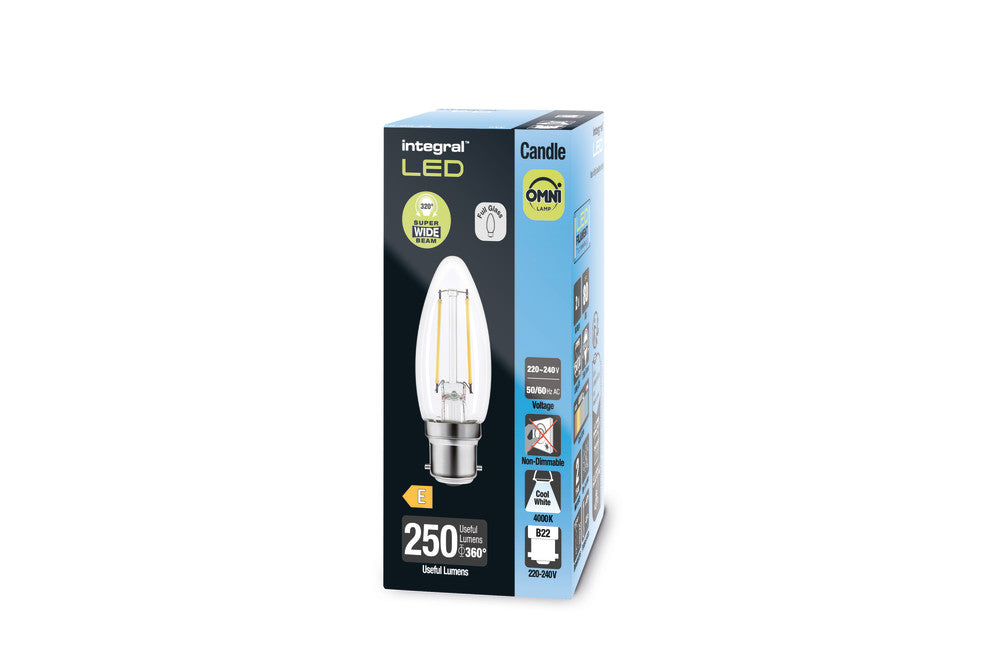 OMNI FILAMENT CANDLE BULB B22 250LM 2.0W 4000K NON-DIMM 320 BEAM CLEAR INTEGRAL - ILCANDB22NE070
