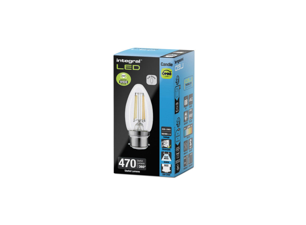 OMNI FILAMENT CANDLE BULB B22 470LM 3.4W 4000K DIMMABLE 330 BEAM CLEAR FULL GLASS INTEGRAL - ILCANDB22DE075