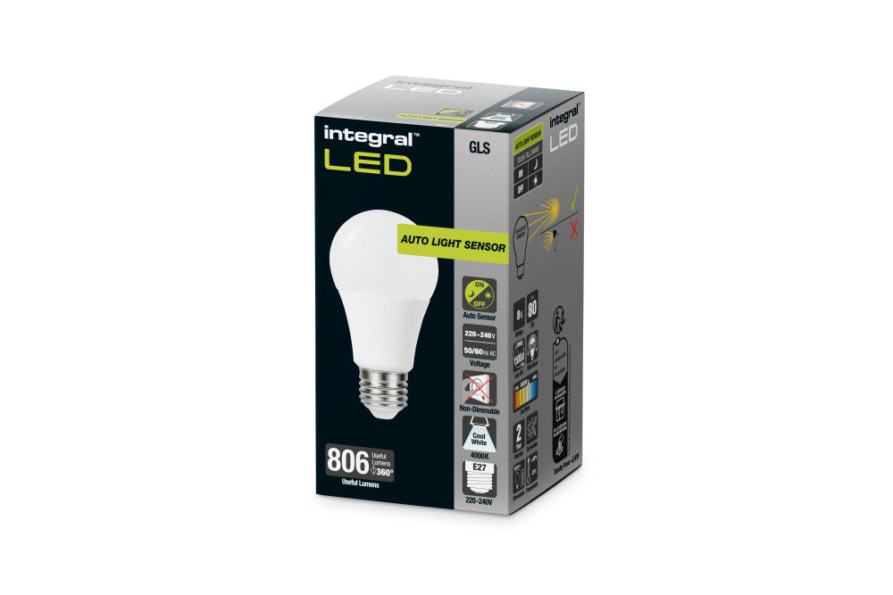 GLS BULB WITH DUSK TO DAWN DUAL SENSOR E27 806LM 8W 4000K NON-DIMM 240 BEAM FROSTED INTEGRAL - ILGLSE27SE145