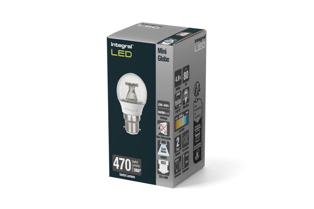 GOLF BALL BULB B22 470LM 4.9W 4000K NON-DIMM 220 BEAM CLEAR INTEGRAL - ILGOLFB22NE077