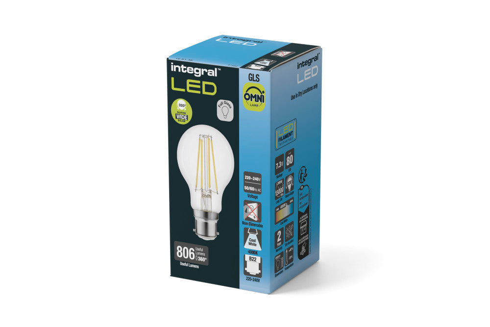 OMNI FILAMENT GLS BULB B22 806LM 7.3W 4000K NON-DIMM 320 BEAM CLEAR FULL GLASS INTEGRAL - ILGLSB22NE127
