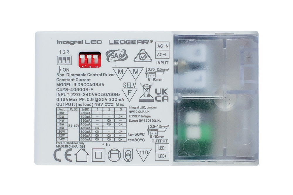 CONSTANT CURRENT COMPACT DRIVER ADJUSTABLE OUTPUT 10-24W 250-600MA IP20 NON DIMMABLE 24-40V OUTPUT INTEGRAL - ILDRCCA084A