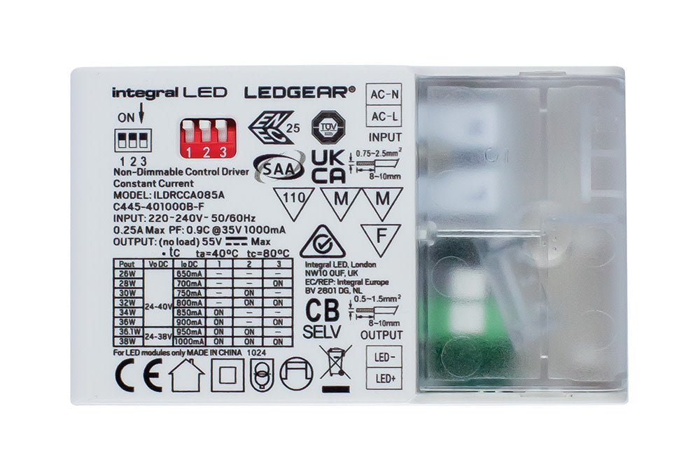 CONSTANT CURRENT COMPACT DRIVER ADJUSTABLE OUTPUT 26-38W 650-1000MA IP20 NON DIMMABLE 24-40V OUTPUT INTEGRAL - ILDRCCA085A