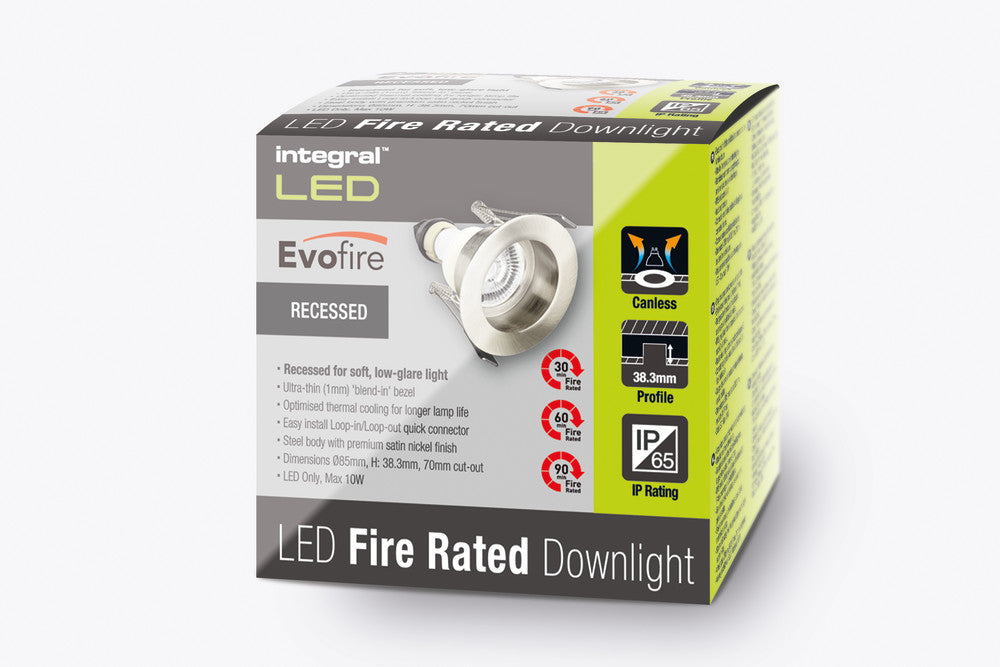 EVOFIRE FIRE RATED DOWNLIGHT 70MM CUTOUT IP65 SATIN NICKEL RECESSED +GU10 HOLDER INTEGRAL - ILDLFR70E002