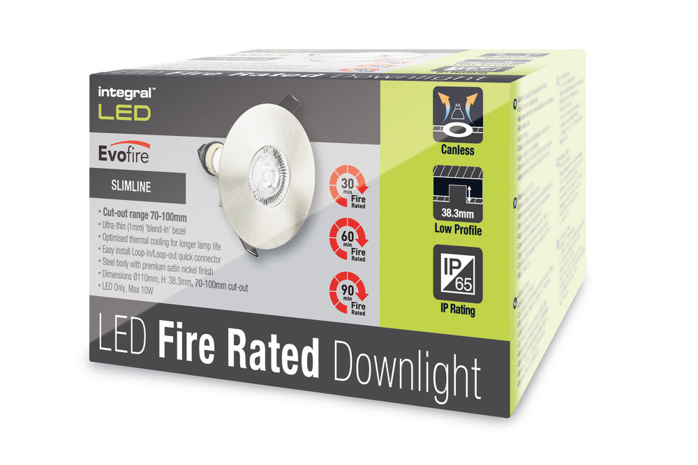 EVOFIRE FIRE RATED DOWNLIGHT 70-100MM CUTOUT IP65 SATIN NICKEL ROUND +GU10 HOLDER INTEGRAL - ILDLFR70D016