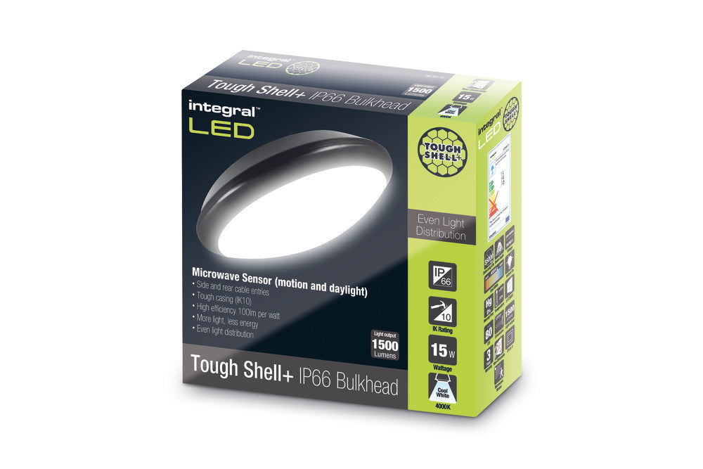 TOUGH SHELL+ BULKHEAD MICROWAVE SENSOR 308MM DIA IP66 1500LM 15W 4000K IK10 110 BEAM NON-DIMM BLACK 100LM/W INTEGRAL - ILBHA062