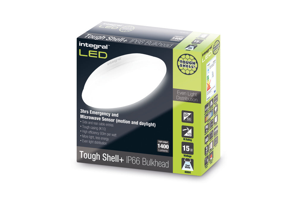 TOUGH SHELL+ BULKHEAD EMERGENCY 3HR AND MICROWAVE SENSOR 308MM DIA IP66 1400LM 15W 4000K IK10 110 BEAM NON-DIMM WHITE 93LM/W INTEGRAL - ILBHA059
