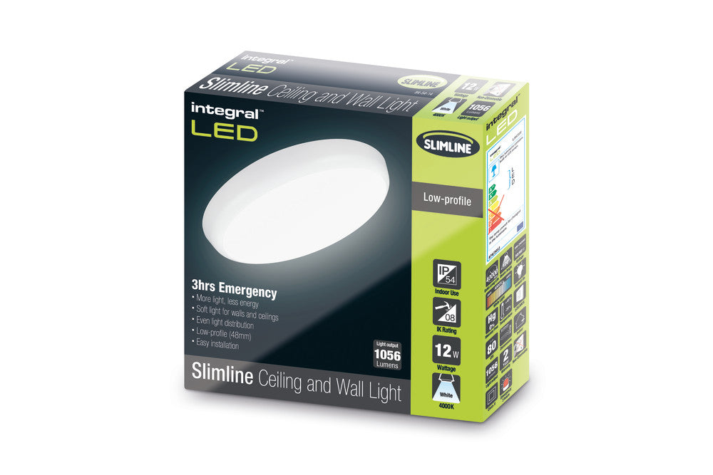 SLIMLINE CEILING/WALL LIGHT EMERGENCY 3HR 250MM DIA IP54 1056LM 12W 4000K IK10 120 BEAM NON-DIMM WHITE 88LM/W INTEGRAL - ILBHC008