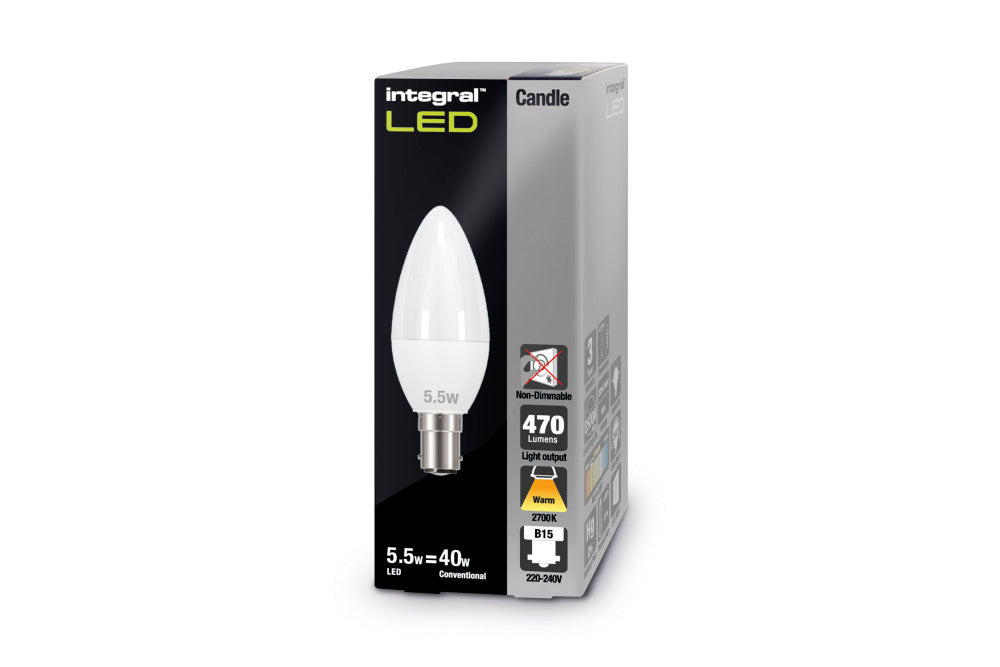 CANDLE BULB B15 470LM 4.9W 2700K NON-DIMM 250 BEAM FROSTED INTEGRAL - ILCANDB15NC014
