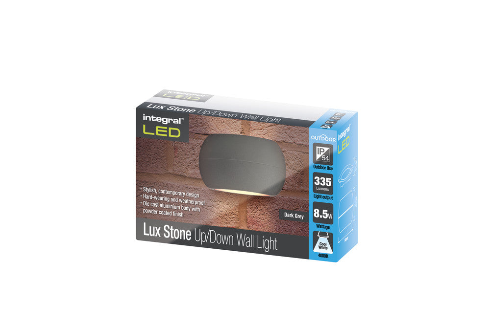 OUTDOOR DECORATIVE WALL LIGHT LUXSTONE IP54 335LM 8.5W 4000K UP/DOWN LIGHT DARK GREY INTEGRAL - ILDEA026