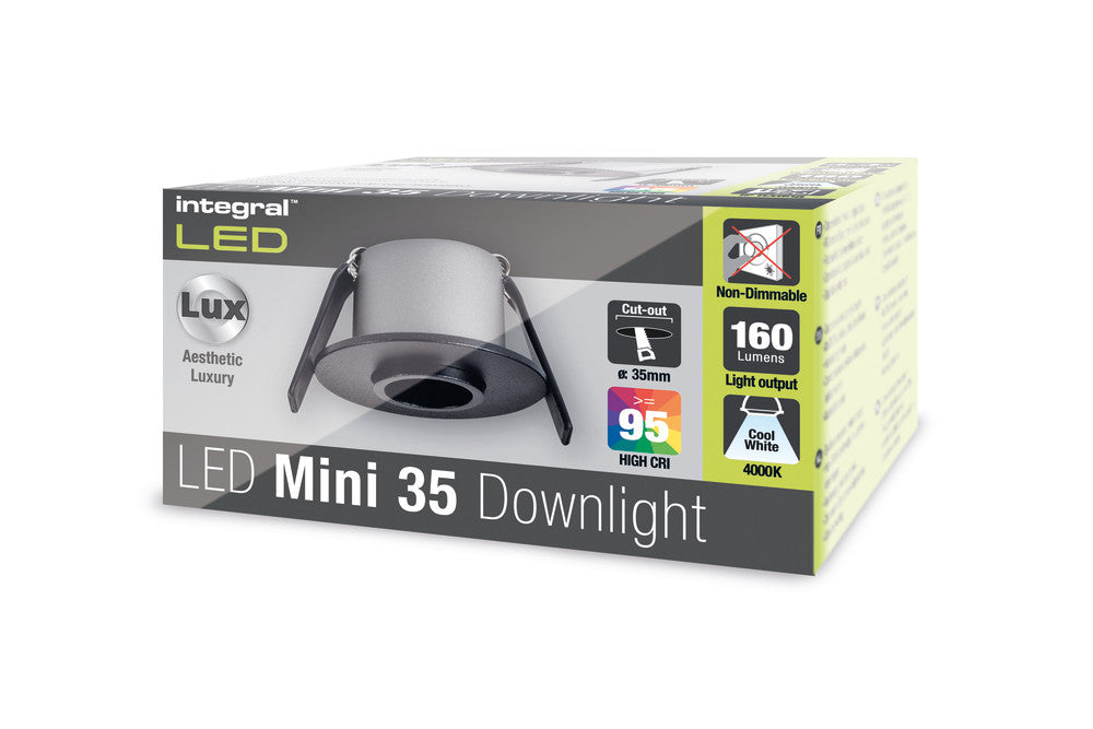 MINI DOWNLIGHT 35MM CUTOUT 3.3W 160LM 48LM/W 4000K 15 BEAM NON-DIM FINISH-A BLACK INTEGRAL - ILDL35J004