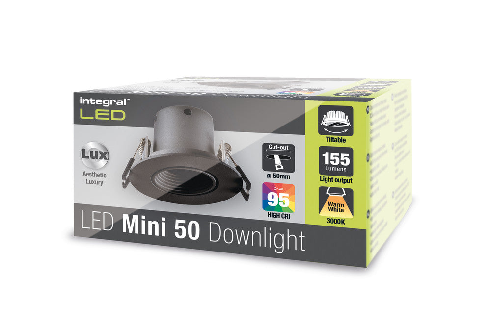 MINI TILTABLE DOWNLIGHT 50MM CUTOUT 3.3W 155LM 47LM/W 3000K 15 BEAM NON-DIM FINISH-F BLACK INTEGRAL - ILDL50J006