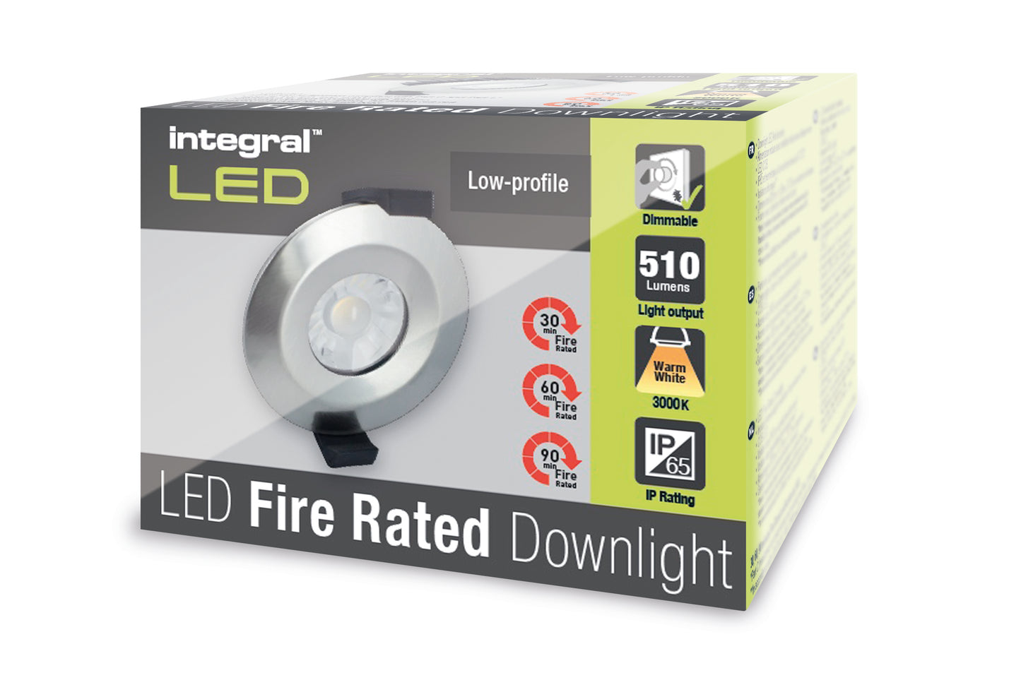 LOW-PROFILE FIRE RATED DOWNLIGHT 70-75MM CUTOUT IP65 510LM 6W 3000K 36 BEAM DIMMABLE 85LM/W SATIN NICKEL INTEGRAL - ILDLFR70B014