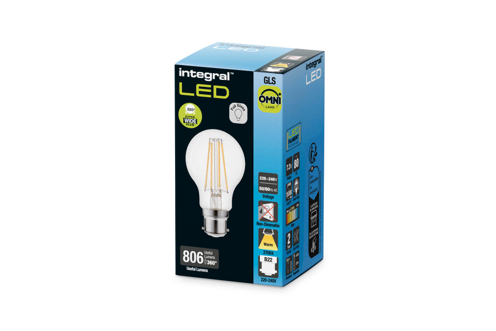 OMNI FILAMENT GLS BULB B22 806LM 7.3W 2700K NON-DIMM 320 BEAM CLEAR INTEGRAL - ILGLSB22NC028