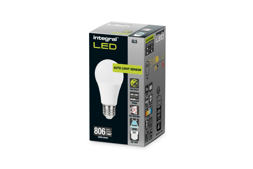 GLS BULB WITH DUSK TO DAWN DUAL SENSOR E27 806LM 8W 5000K NON-DIMM 240 BEAM FROSTED INTEGRAL - ILGLSE27SF047