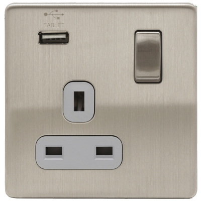 Ultima - Socket, 1 Gang (1G) Switched c/w 2.1A USB Port, Grey Insert