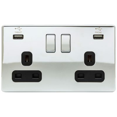 Ultima - Socket, 2 Gang (2G) Switched, c/w 1x2.1A & 1x1A USB Ports