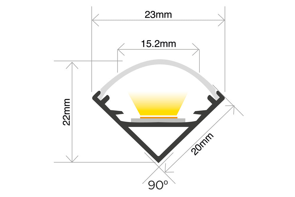 PROFILE ALUMINIUM CORNER SURFACE MOUNT 1M FROSTED DIFFUSER 20X20MM INCLUDE 2 END CAPS AND 2 MOUNTING BRACKETS - ILPFC046