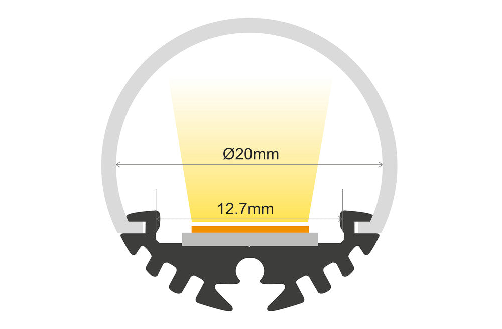 PROFILE ALUMINIUM SURFACE MOUNT 1M FROSTED DIFFUSER 20MM DIA FOR IP67 12MM WIDTH STRIP INCLUDE 2 ENDCAPS 2 SCREWS AND 2 MOUNTING BRACKETS INTEGRAL - ILPFO122