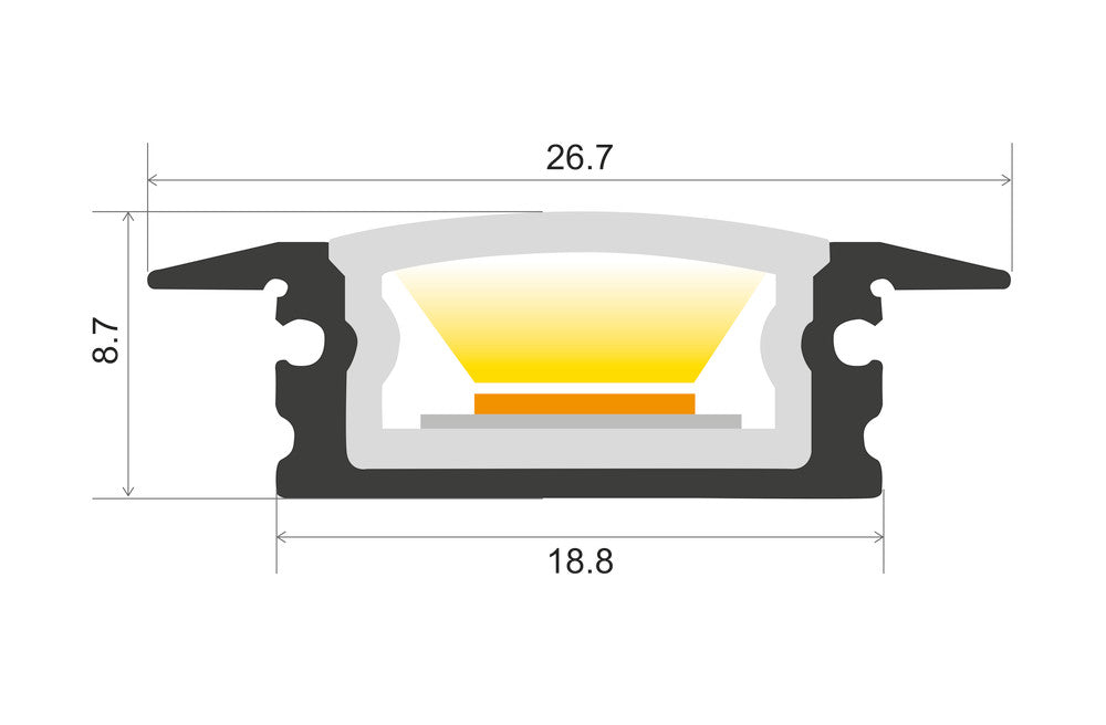 PROFILE ALUMINIUM IP65 RECESSED 2M FROSTED DIFFUSER 26.7 X 8MM FOR IP33 10MM WIDTH STRIP INCLUDE 2M PLATE 2 ENDCAPS 2 SEALING PLUGS 4 SCREWS AND 4 MOUNTING BRACKETS INTEGRAL - ILPFR077