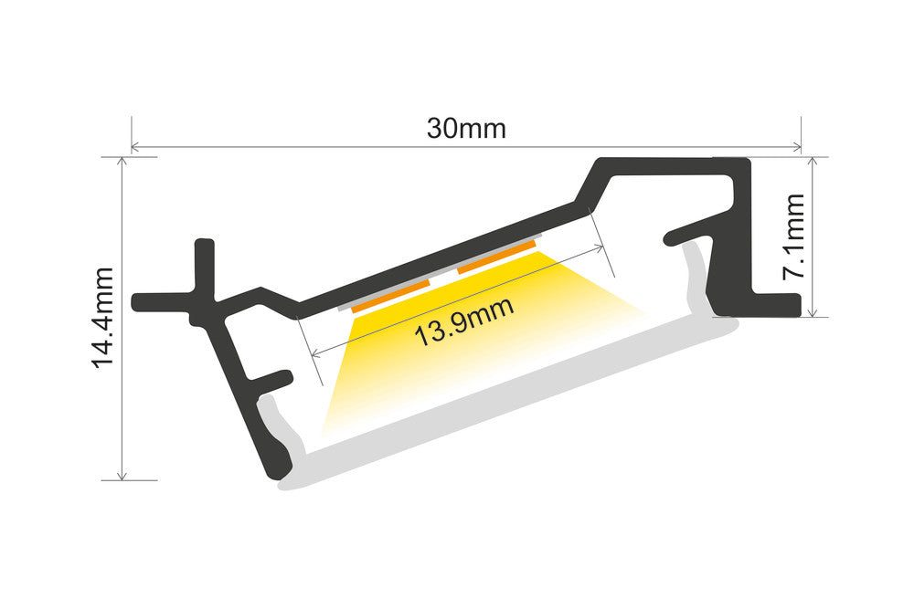 PROFILE ALUMINIUM 70 DEGREE RECESSED 2M FROSTED DIFFUSER FOR IP65 12MM WIDTH STRIP INCLUDE 2 ENDCAPS INTEGRAL - ILPFR091