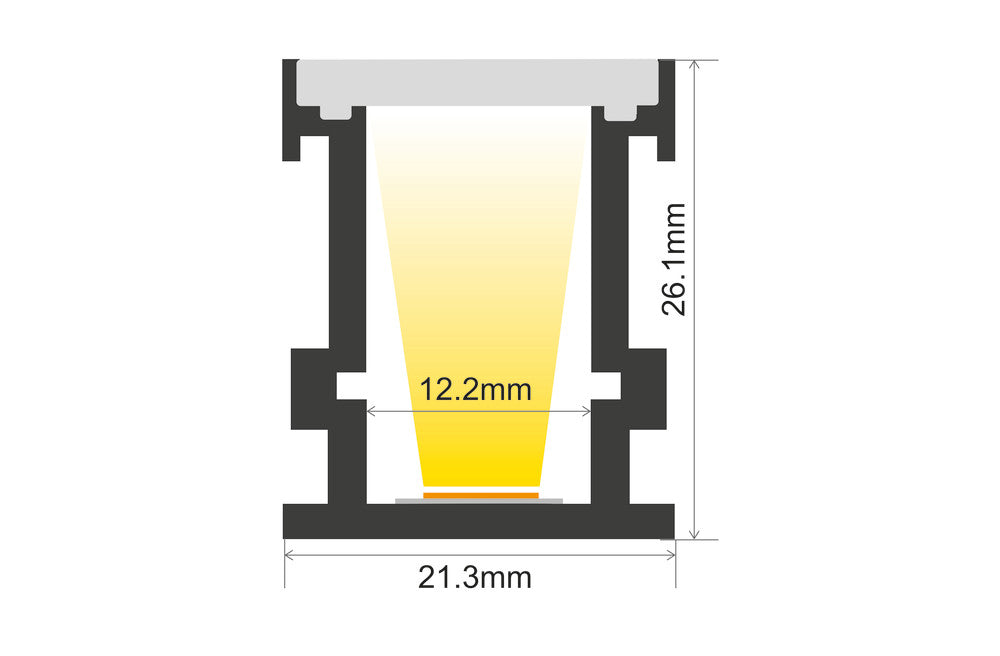 PROFILE ALUMINIUM RECESSED 2M FROSTED DIFFUSER 21.3 X 26.1MM FOR IP65 12MM WIDTH STRIP INCLUDE 2 ENDCAPS INTEGRAL - ILPFR099
