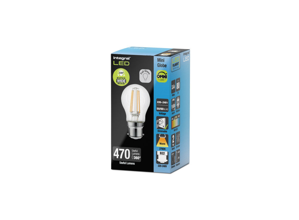 OMNI FILAMENT GOLF BALL BULB B22 470LM 3.4W 2700K DIMMABLE 320 BEAM CLEAR INTEGRAL - ILGOLFB22DC062