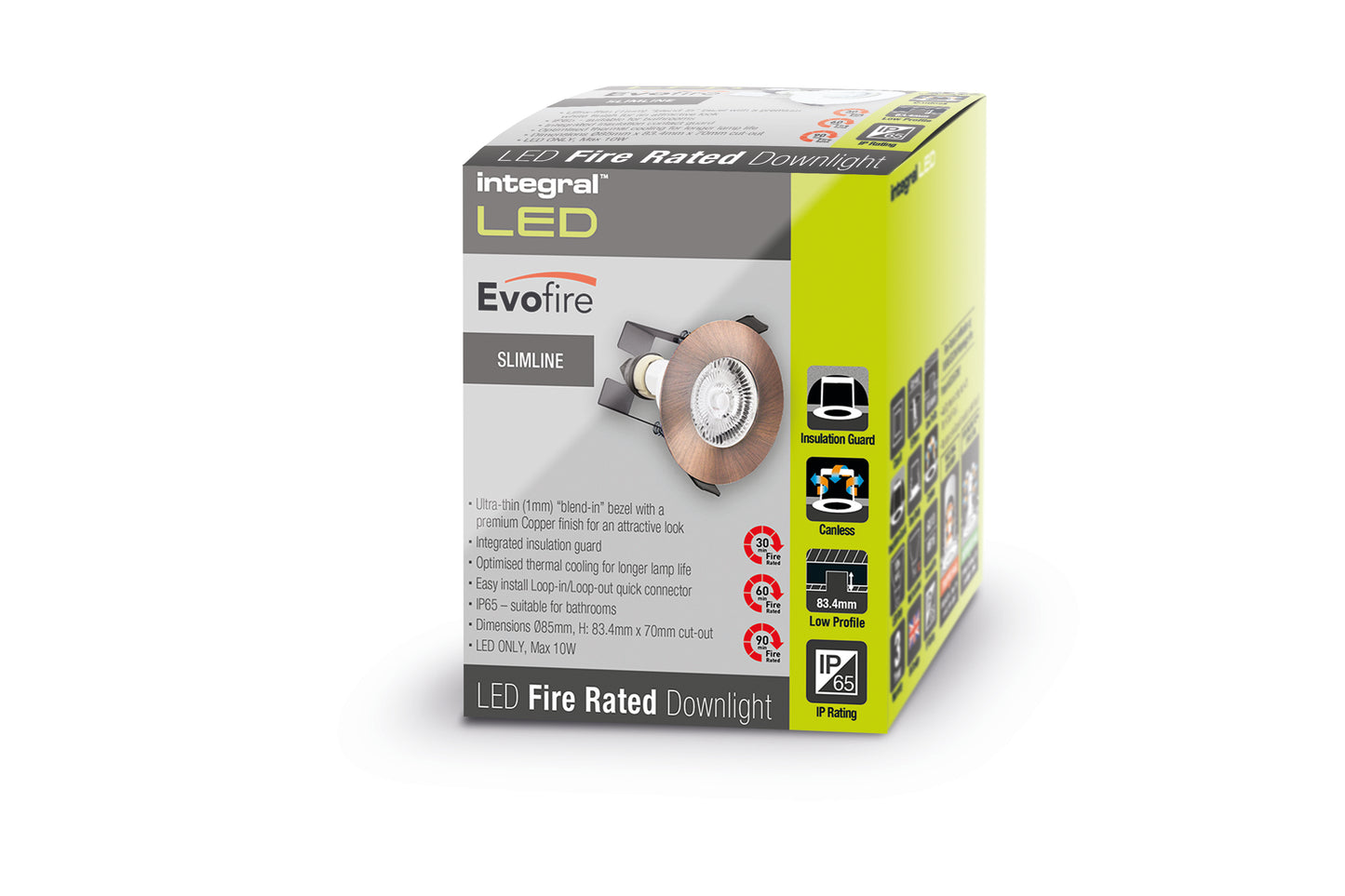 EVOFIRE FIRE RATED DOWNLIGHT 70MM CUTOUT IP65 COPPER ROUND +GU10 HOLDER & INSULATION GUARD INTEGRAL - ILDLFR70D048