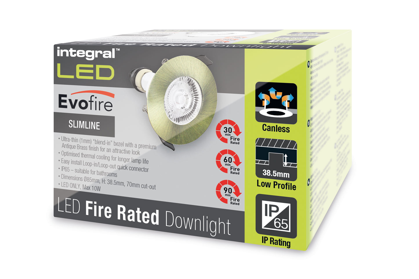 EVOFIRE FIRE RATED DOWNLIGHT 70MM CUTOUT IP65 ANTIQUE BRASS ROUND +GU10 HOLDER INTEGRAL - ILDLFR70D045