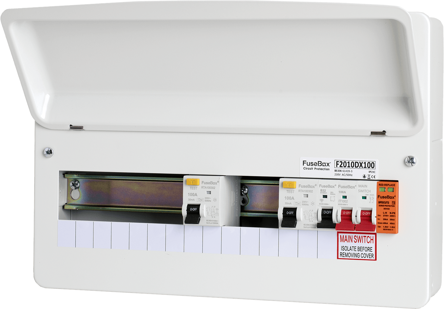 Fusebox DUAL RCD 10WAY (100A 30MA TYPE A) SPD T2 F2010DX100