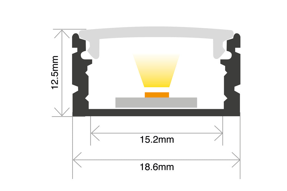PROFILE ALUMINIUM SURFACE MOUNT 2M FROSTED DIFFUSER 18.6 X 12.5MM INCLUDE 2 ENDCAPS AND 4 MOUNTING BRACKETS - ILPFS043