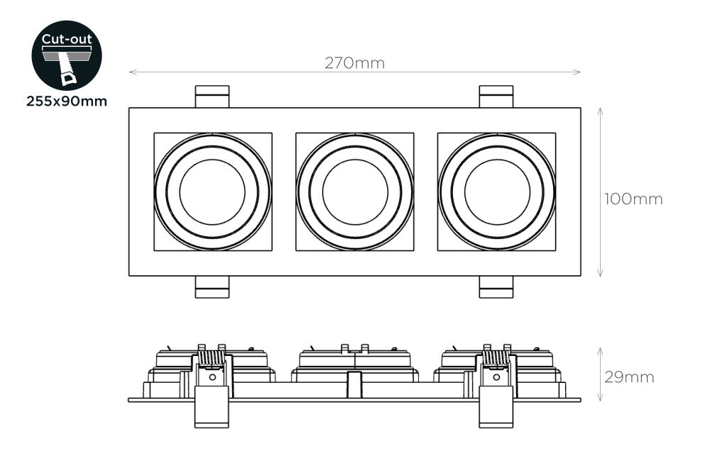 ACCENTPLUS GIMBAL DOWNLIGHT FOR 3 X LED GU10 255X90MM CUTOUT FRONT BULB ENTRY ±30° TILTABLE 365° ADJUSTMENT - ILDL90N017