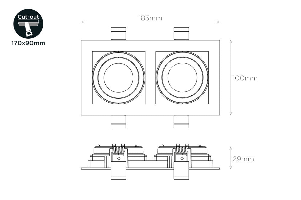 ACCENTPLUS GIMBAL DOWNLIGHT FOR 2 X LED GU10 170X90MM CUTOUT FRONT BULB ENTRY ±30° TILTABLE 365° ADJUSTMENT - ILDL90N016