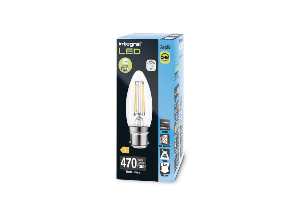 OMNI FILAMENT CANDLE BULB B22 470LM 4.2W 4000K NON-DIMM 320 BEAM CLEAR INTEGRAL - ILCANDB22NE071