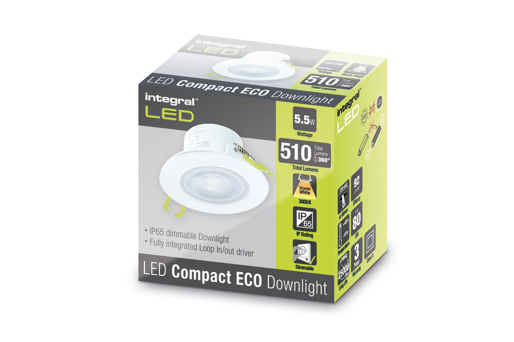 COMPACT ECO LED DOWNLIGHT IP65 FIXED 5.5W 510LM 3000K 92LM/W 38 DEG BEAM DIMMABLE 68MM CUT OUT - ILDL68G001