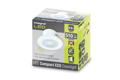 COMPACT ECO LED DOWNLIGHT IP65 FIXED 5.5W 510LM 3000K 92LM/W 38 DEG BEAM DIMMABLE 68MM CUT OUT - ILDL68G001