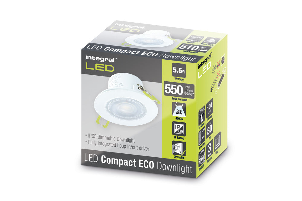 COMPACT ECO LED DOWNLIGHT IP65 FIXED 5.5W 550LM 4000K 100LM/W 38 DEG BEAM DIMMABLE 68MM CUT OUT - ILDL68G002
