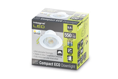 COMPACT ECO LED DOWNLIGHT IP44 30 DEG TILTABLE 5.5W 550LM 3000/4000/6500K SWITCHABLE CCT 100LM/W 38 DEG BEAM DIMMABLE 68MM CUT OUT - ILDL68G006