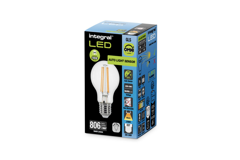 OMNI FILAMENT GLS BULB WITH DUSK TO DAWN DUAL SENSOR E27 806LM 7W 2700K NON-DIMM 320 BEAM INTEGRAL - ILGLSE27SC180