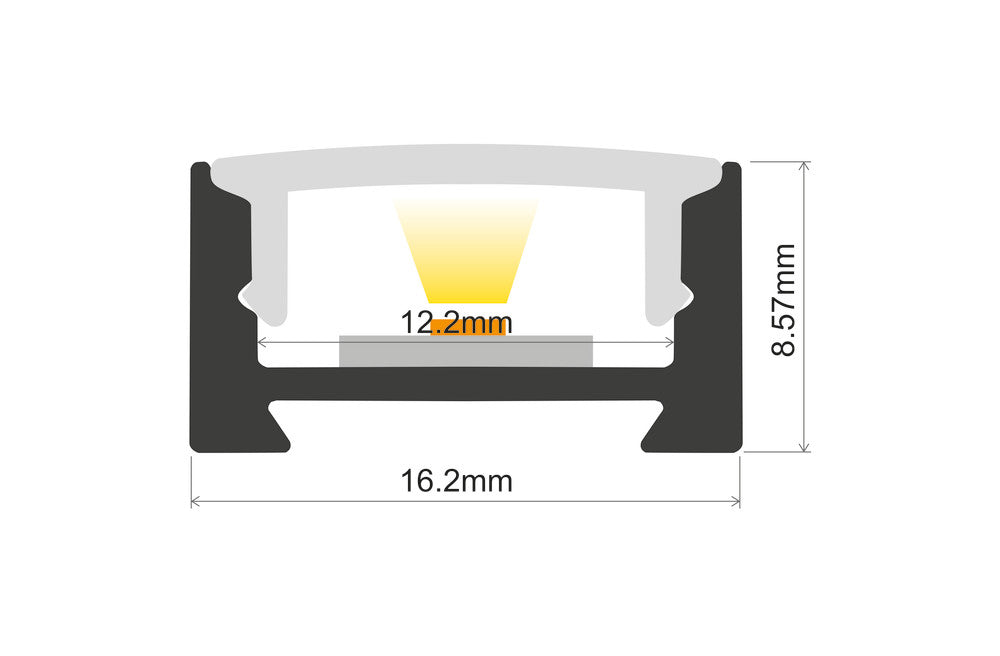 PROFILE ALUMINIUM SURFACE MOUNT BLACK ANODISED 2M BLACK FROSTED DIFFUSER 16.2 X 8.57MM INCLUDE 2 ENDCAPS AND 4 MOUNTING BRACKETS - ILPFS049B