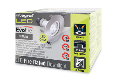 EVOFIRE FIRE RATED DOWNLIGHT 70MM CUTOUT IP65 SATIN NICKEL ROUND +GU10 HOLDER INTEGRAL - ILDLFR70D002