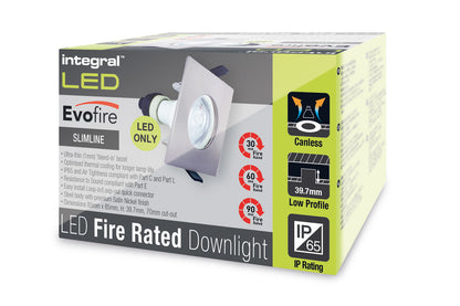 EVOFIRE FIRE RATED DOWNLIGHT 70MM CUTOUT IP65 SATIN NICKEL SQUARE +GU10 HOLDER INTEGRAL - ILDLFR70D008