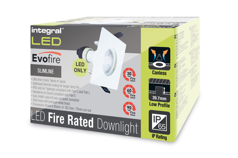 EVOFIRE FIRE RATED DOWNLIGHT 70MM CUTOUT IP65 WHITE SQUARE +GU10 HOLDER INTEGRAL - ILDLFR70D007