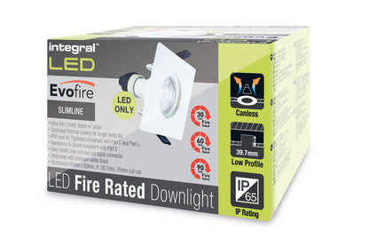 EVOFIRE FIRE RATED DOWNLIGHT 70MM CUTOUT IP65 WHITE SQUARE +GU10 HOLDER INTEGRAL - ILDLFR70D007