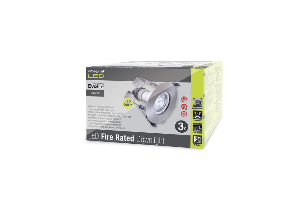 EVOFIRE FIRE RATED DOWNLIGHT 70MM CUTOUT 3PACK IP65 SATIN NICKEL ROUND +GU10 HOLDER & INSULATION GUARD INTEGRAL - ILDLFR70D004-3