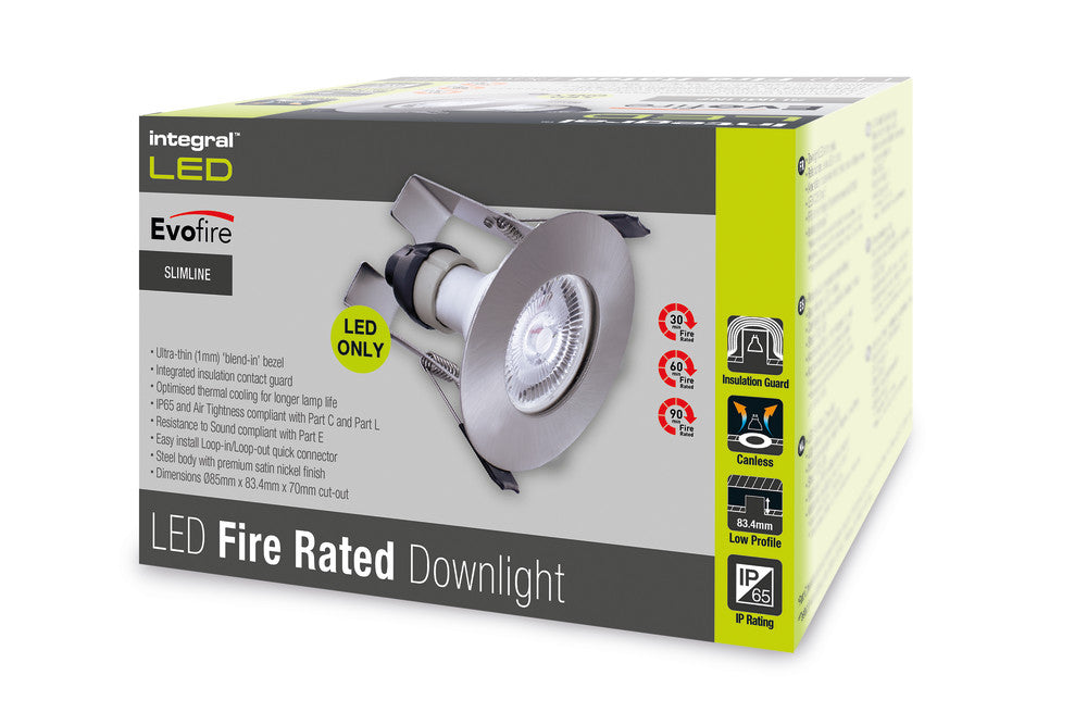 EVOFIRE FIRE RATED DOWNLIGHT 70MM CUTOUT IP65 SATIN NICKEL ROUND +GU10 HOLDER & INSULATION GUARD INTEGRAL - ILDLFR70D004