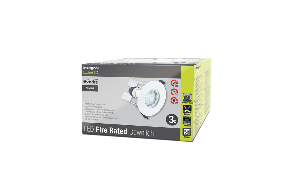 EVOFIRE FIRE RATED DOWNLIGHT 70MM CUTOUT 3PACK IP65 WHITE ROUND +GU10 HOLDER & INSULATION GUARD INTEGRAL - ILDLFR70D003-3