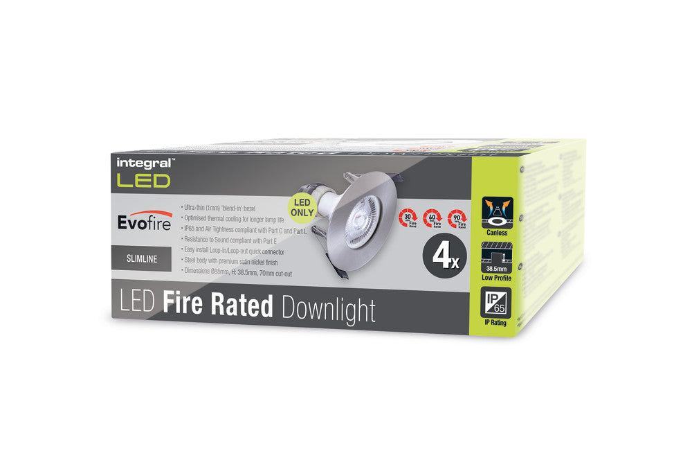 EVOFIRE FIRE RATED DOWNLIGHT 70MM CUTOUT 4PACK IP65 SATIN NICKEL ROUND +GU10 HOLDER INTEGRAL - ILDLFR70D002-4