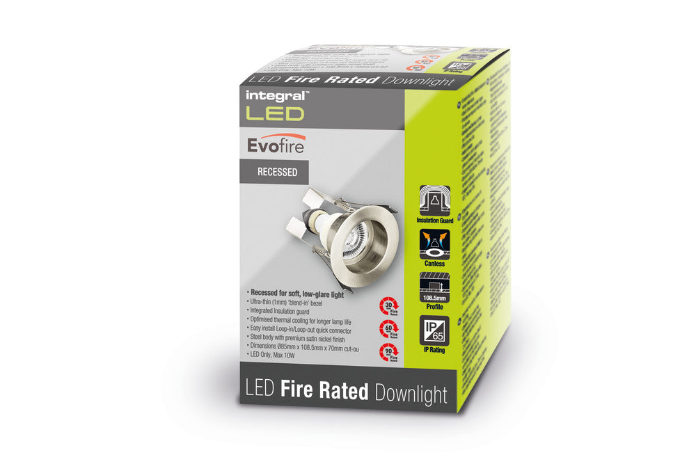 EVOFIRE FIRE RATED DOWNLIGHT 70MM CUTOUT IP65 SATIN NICKEL RECESSED +GU10 HOLDER & INSULATION GUARD INTEGRAL - ILDLFR70E004